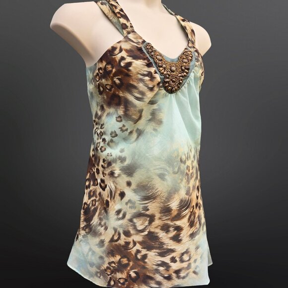 Y2K Sleeveless Beaded Asymmetric Top Size 20 2XL Leopard Seafoam Green Chiffon - Picture 5 of 12